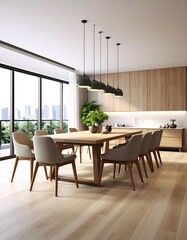 Modern dining room with large windows, wooden table and chairs, and minimalist design