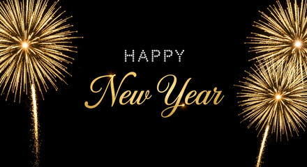Happy New Year Greeting with Golden Fireworks on Black Background for Holiday Celebration, Festive Banner, and Party Invitation Design
