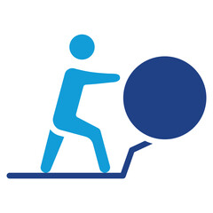 Hard Work Glyph Blue Silhouette Icon Design Vector - Person pushing a large circle uphill, indicating persistence, effort, or overcoming challenges
