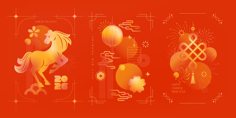 Chinese New Year vector cards.  Lunar new year concept. Geometric modern design with abstract forms, gradients, flower, lantrerns, fireworks. Design for calendar, cover, flyer.