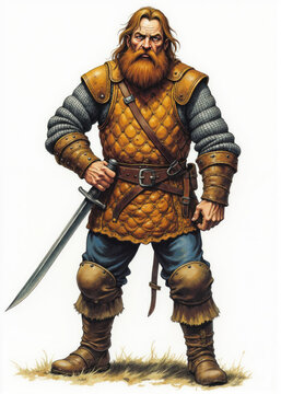 Rugged soldier with coarse brown beard in rusted mail shirt over quilted gambeson &ndash; gritty fantasy RPG warrior character in old-school tabletop style, weathered and battle-worn