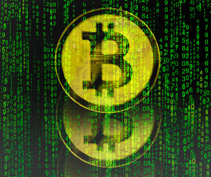 Bitcoin cryptocurrency concept with matrix code and digital reflection