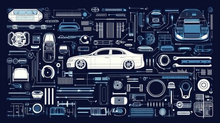 Fototapeta premium Seamless pattern of car parts, gears, and tools in blueprint style on dark background