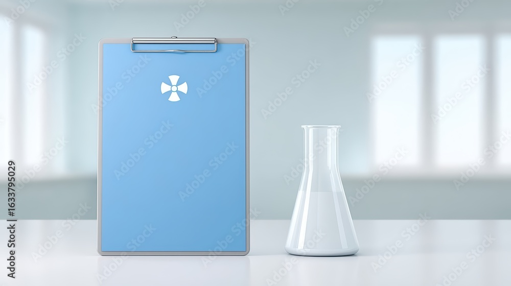 Poster laboratory equipment with clipboard and flask on table