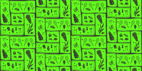 Seamless pattern of neon tennis. Sports rackets, balls and flowers with bows endless background. Surface pattern design entertainment vibrant motif. Vector hand drawn bento grid illustration.