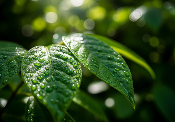 Close-Up of Green Leaves with Water Droplets in Natural Sunlight Representing Freshness, Nature, and Eco-Friendly Botanical Concept
