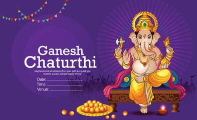 Ganesh Chaturthi festival celebration artwork featuring Lord Ganesha seated on a throne. Decorative garlands, Diya lamp, and vibrant hues enhance the festive mood. 
