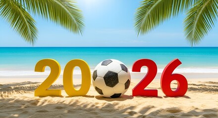 2026 Text with Soccer Ball on Tropical Beach Representing Summer Sports, Football World Cup, and Vacation Concept