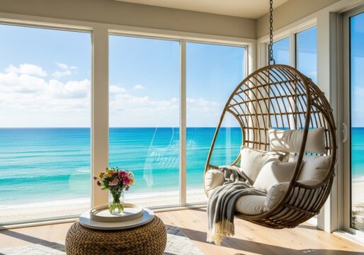 Relaxing beachside hanging chair with ocean view