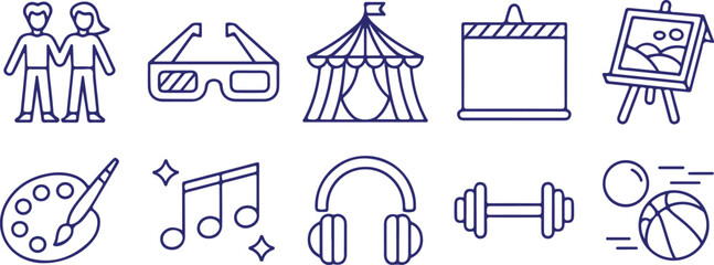 Fototapeta premium People 3d glasses circus tent easel painting palette music notes headphones dumbbell basketball