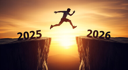 Man Jumping from 2025 to 2026 over Cliffs at Sunset Symbolizing New Year Transition, Future Goals and Success Concept