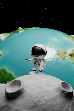 Cartoon 3d astronaut exploring asteroid in outer space with planet