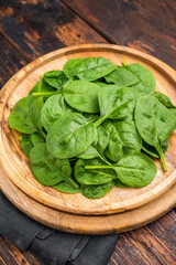 Close up of fresh spinach leaves showcasing their rich green color, ideal for nutritious dishes and salads. wooden background. top view.