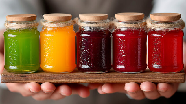 Colorful glass jars with fruit juices or syrups on wooden tray, sealed with twine and wooden lids, held in hands