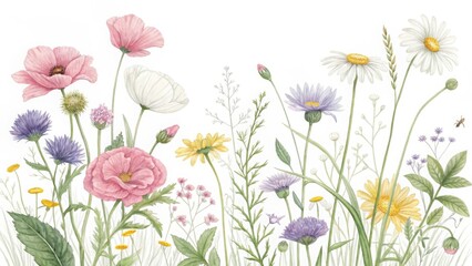 Vibrant wildflower meadow with poppies and daisies isolated on white background