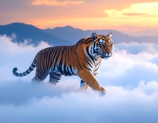 Naklejka premium Majestic tiger striding across a sea of clouds at sunset, mountains in the background