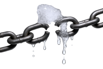 Broken Metal Chain Link Covered in Melting Ice and Dripping Water, Symbolizing Weakness and Failure