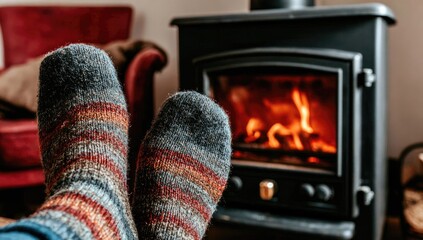 Cozy feet in warm socks near a fireplace
