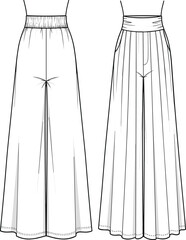 Wide-leg pants fashion sketch, high-waisted trousers design, front and back view, summer clothing illustration, stylish apparel, comfortable chic outfit