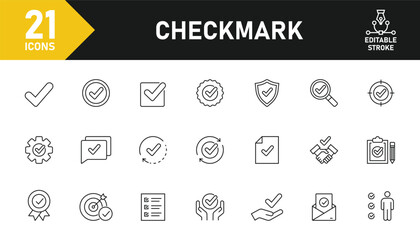 Checkmark line icon set. Set of 21 outline icons related to check, accept, approve, checklist, verified, confirm, agree and others. Editable stroke. Vector illustration.