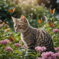 Beautiful baby cats playfully chasing butterflies in a flower garden, clear with a beautiful background