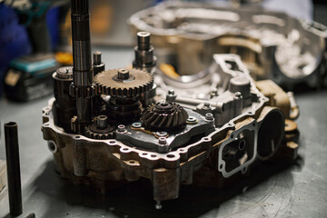 Close up of transmission gear mechanism and components in workshop