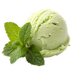 A delicious scoop of creamy green tea (matcha) ice cream, rich in color and texture, sits perfectly shaped with delicate ridges, isolated on a pristine white background