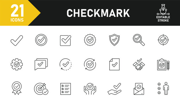 Checkmark line icon set. Set of 21 outline icons related to check, accept, approve, checklist, verified, confirm, agree and others. Editable stroke. Vector illustration.
