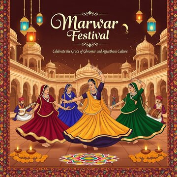 Vibrant marwar festival celebration with traditional indian dancers in colorful attire