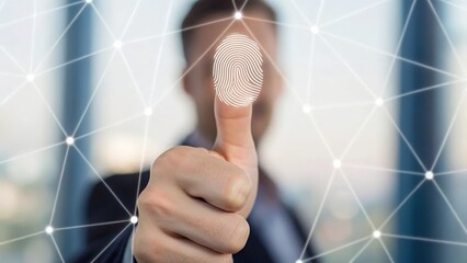 Finger pressing fingerprint scanner overlaying network grid — biometric security authentication
