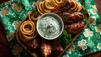 Buffalo wings and onion rings served with herb ranch dip and St. Patrick's decor