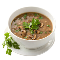 A delicious bowl of hot and savory mushroom soup garnished with fresh basil leaves
