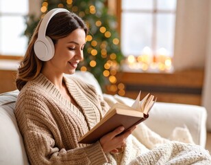 A calm young adult wearing noise-canceling headphones, deeply focused on reading a book in a quiet, peaceful indoor setting.


