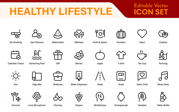 Healthy lifestyle icons in modern thin line style. Perfect for websites, apps, branding, infographics, marketing, templates, user interface and more.