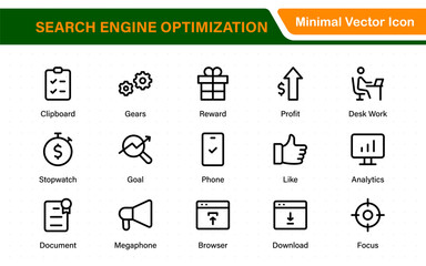 SEO – Search Engine Optimization. Thin‑line icon set for web, digital marketing, ranking, analytics, and website growth. Simple vector symbols for strategy and development.