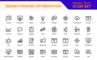 SEO – Search Engine Optimization. Thin‑line icon set for web, digital marketing, ranking, analytics, and website growth. Simple vector symbols for strategy and development.