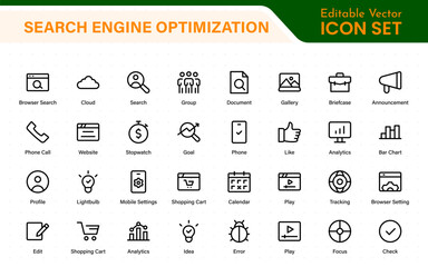 SEO – Search Engine Optimization. Thin‑line icon set for web, digital marketing, ranking, analytics, and website growth. Simple vector symbols for strategy and development.