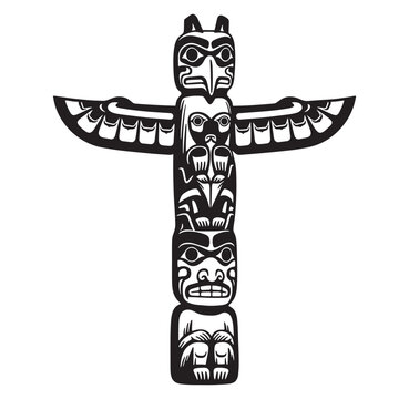Intricate black and white totem pole symbolizing indigenous art and culture isolated