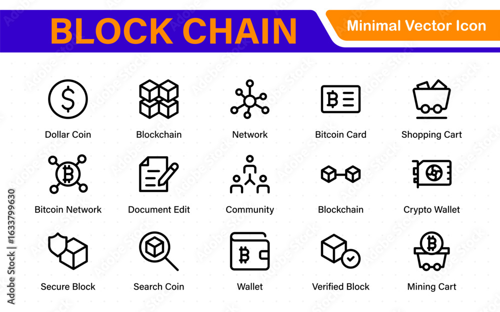 Poster block chain web icon set. information icon, analytics, cloud computing, block chain, block, distribu