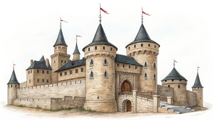 Watercolor illustration of a grand medieval stone castle with multiple towers and flags