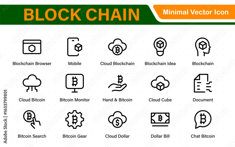 Poster block chain web icon set. information icon, analytics, cloud computing, block chain, block, distribu