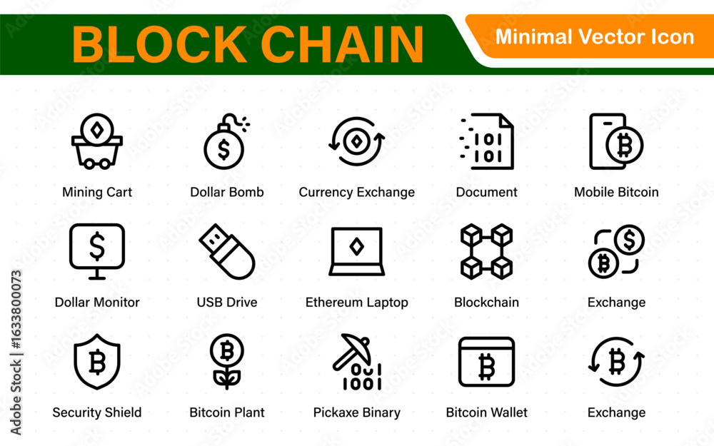 Poster block chain web icon set. information icon, analytics, cloud computing, block chain, block, distribu