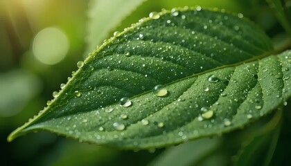 Morning Dew on a Vibrant Leaf Surface with Natural Bokeh Background 