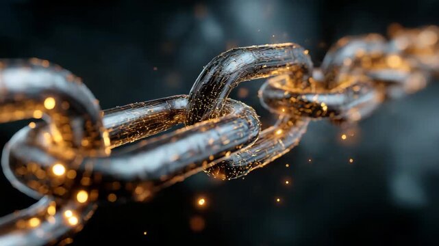 A chain of links with a glowing effect. The chain is made of metal. Conceptual of metal chain links glowing with rare earth particles, dark steel grey background, modern supply chain concept