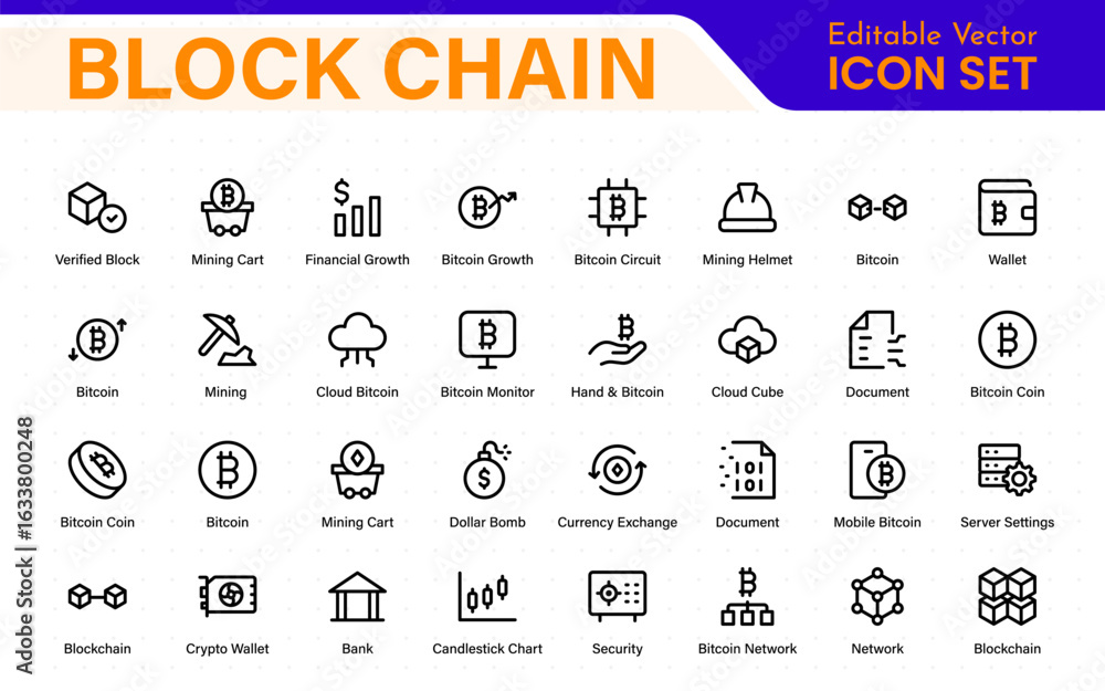 Poster block chain web icon set. information icon, analytics, cloud computing, block chain, block, distribu