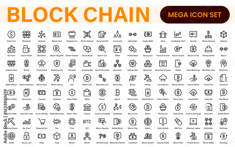Poster block chain web icon set. information icon, analytics, cloud computing, block chain, block, distribu