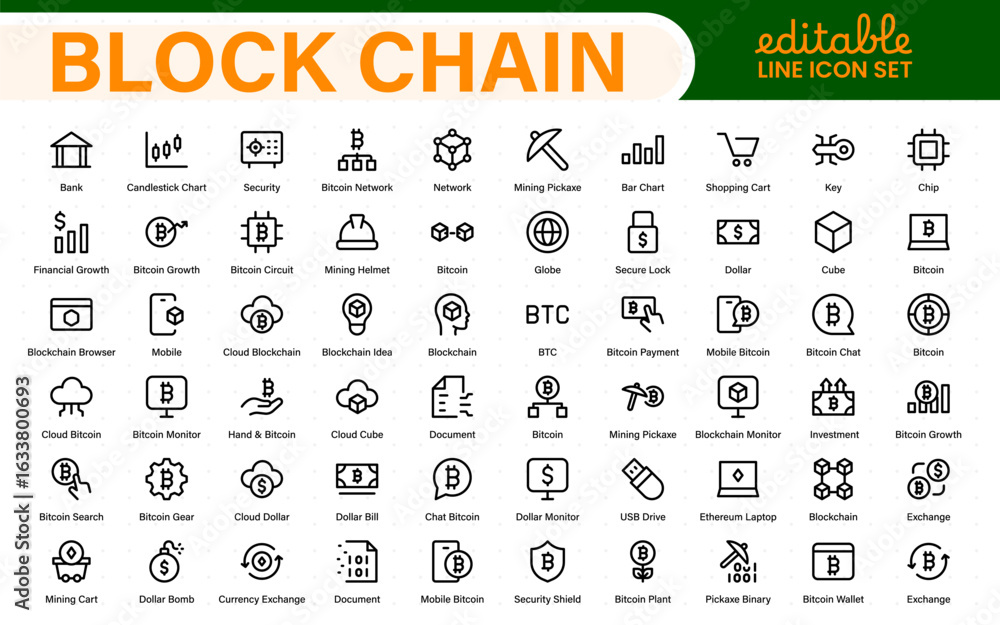 Poster block chain web icon set. information icon, analytics, cloud computing, block chain, block, distribu