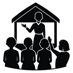 A teacher Teaching students in a school, Teacher and students in classroom silhouette learning illustration, Mother teaching child silhouette vector illustration, Silhouettes of teachers and students.