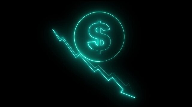 Money loss concepts. Cash down, arrow and dollar stocks graph, market fall. down arrow stocks graph animation with neon line. market crash, ideal for business analytics and finance.