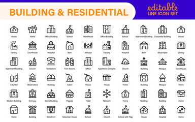Building and residential icon set. Containing house, office, bank, school, hotel, shop, university and hospital icons. Solid icon collection.